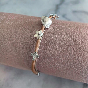 406: 925° silver and leather bracelet with 5 moving stems and clasp / Βραχιόλι από ασήμι 925° και δέρμα με 5 κινούμενα στελέχη και κούμπωμα